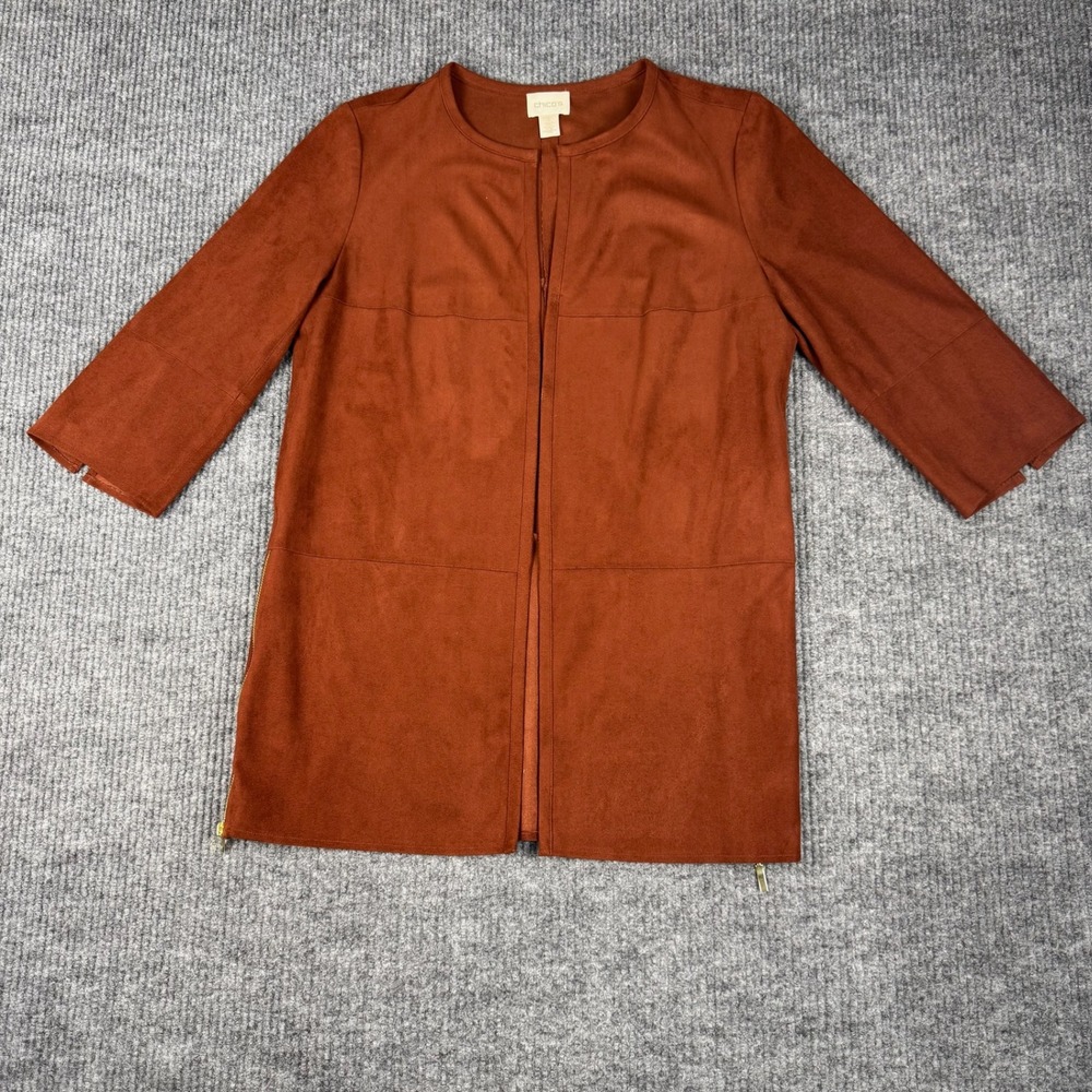 Chicos Jacket Womens 1/M Rust Faux Suede Long Open Front Western Boho Equestrian